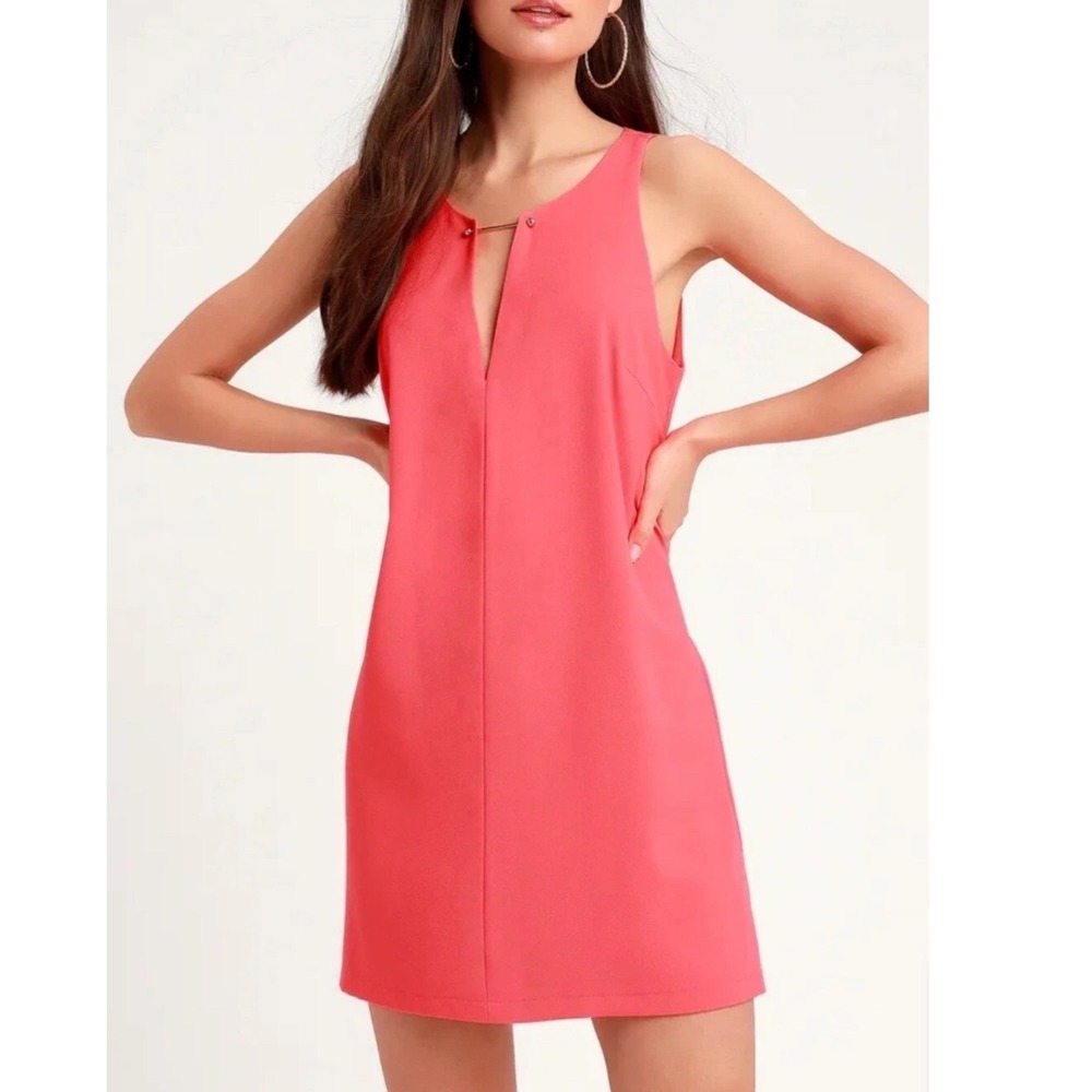 Lulus Coral Sleeveless V-Neck Gold Bar Detail Shift Mini Dress Large